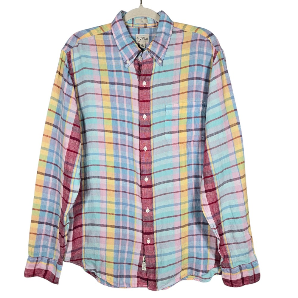 J. Crew Baird McNutt Irish Linen Shirt Mens L Slim Fit Plaid Long Sleeve Multi